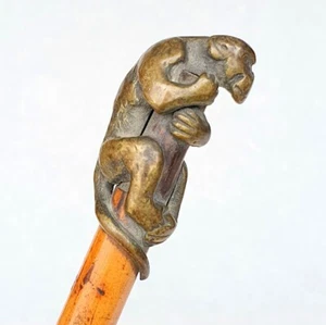 1900s Antique Cane Bronze Pommel Monkey Knob 32" VERY RARE - Picture 1 of 6