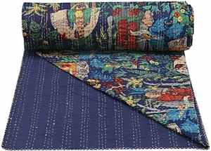 Reversible Floral Kantha Quilt Multicoloured Double Blanket Bohemian Bed Runner - Picture 1 of 6