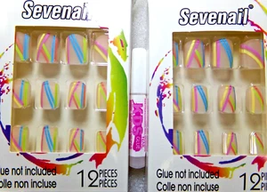 Sevenail Matte Neon Stripes Pink, Blue, Yellow 24 Nails GLUE-On Short - Picture 1 of 2