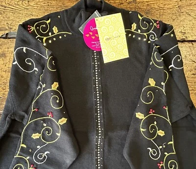 NWT QUACKER FACTORY Christmas Holly Embellished Zip Up Cardigan Sweater 2X - Image 1 of 4