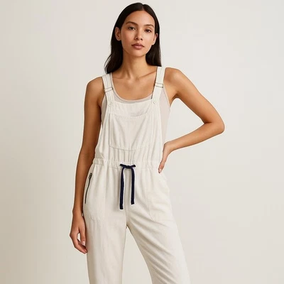 Macacão jeans feminino DKNY tamanho S marfim branco sem mangas cintura amarrada - Imagem 1 de 4