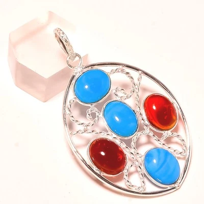 Colgante Joyería Hecho a Mano Piedras Preciosas Granate Mozambique Azul Calcedonia 2" u371 Foto 1 de 3