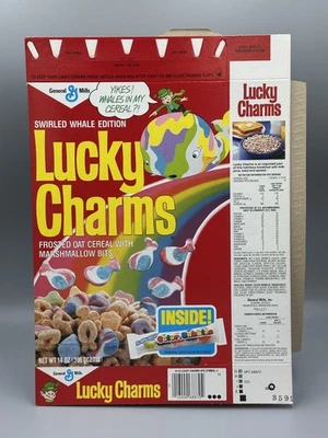 Caja de cereales Lucky Charms 1987 remolinada ballenas Rain-Blo goma burbuja como nueva completa Foto 1 de 4