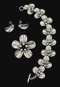 Danish Niels Erik From Sterling Modernist Flowers Demi Parure Set C. 1940/50s - Picture 1 of 10