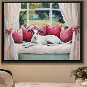 Whippet Red Cushion Window Seat Dog Art Cozy Canvas Print Elegant Wall Decor - Picture 1 of 9