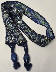 Jackard Woven Blue Floral Belt With Wooden Beads Tie Ends, 44 Inches Long - Picture 1 of 3
