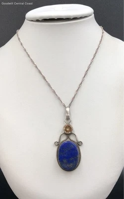 Collar colgante de plata esterlina con cierre de anillo de cadena plana con lapislázuli, cristal Foto 1 de 4