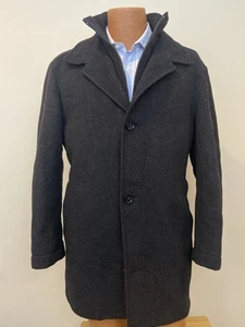 Hugo Boss Men's Coxtan 100% Wool Car Pea Coat Jacket Grey Herringbone Sz 40R - Picture 1 of 11