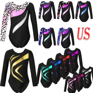 US Kids Girls One Piece Rhinestone Printed Gymnastic Leotards Bodysuit Dancewear - Picture 1 of 156