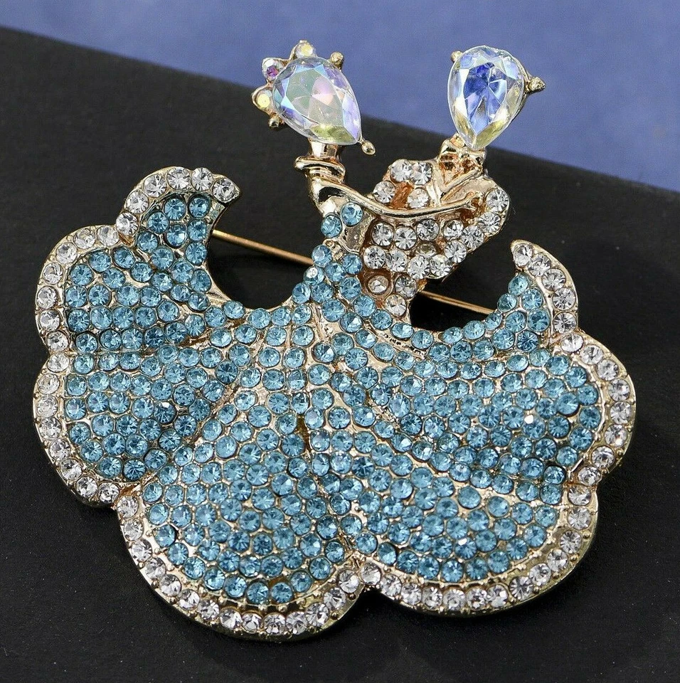 Broche de cristal strass austríaco salão de baile casal dança ouro azul P60G - Imagem 1 de 4
