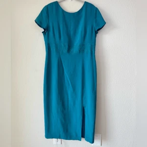 Vtg Talbots 100% Silk Teal Sheath Dress Sz 16 Shoulder Pads Embroidered Elegant - Picture 1 of 7