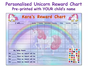 Reusable Good Behaviour Reward Chart Personalised Childrens Kids Stars Unicorn - Picture 1 of 6