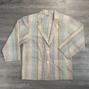 Vintage 80s 90s Seersucker Koret Beige Blue Pink Lavender Summer Casual Blazer - Picture 1 of 4