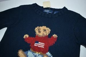 VTG NWT Ralph Lauren Size 4 Knit Bear Sweater Small 13.5-17lbs Patriotic US Flag - Picture 1 of 8