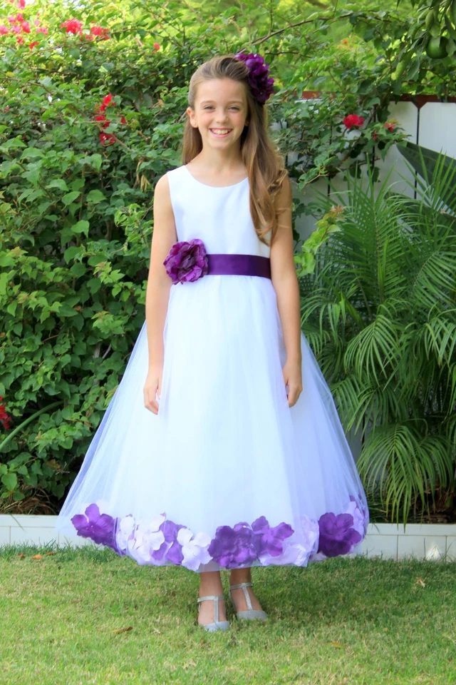 Satin Floral Rose Petals White Tulle Flower Girl Dress Wedding Pageant Birthday  - Image 1 of 1