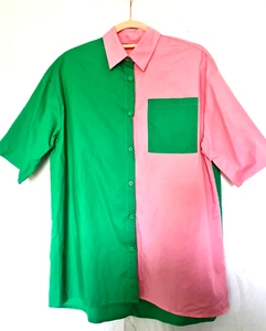 Quirky Vintage Green Pink Colour Block Short Sleeve Cotton Shirt 44 / 46" - Picture 1 of 3