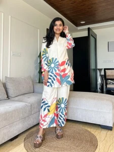 Women Designer Cotton Flex Kurta Cord Set Indian Beautiful Top Tunic Kurti Dress - Picture 1 of 5