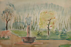 Vintage watercolor painting landscape park fountain