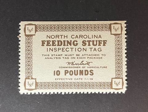 North Carolina State Revenue - 10 lbs. 1/8 cent brown #FE122 Feed Tax Stamp - NC Cover