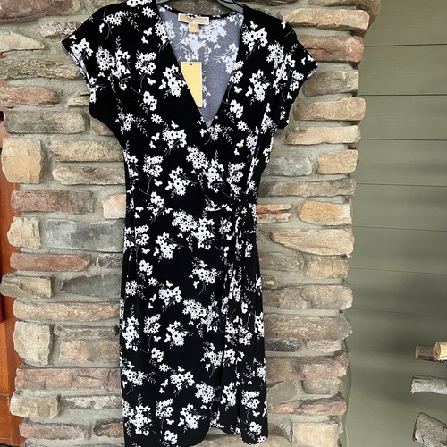 Abito donna KORS Michael Kors nero bianco MED cravatta vita floreale oro scollo a V nuovo con etichette