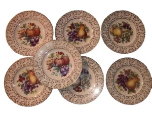 Fine Concorde China 8" Fruit Motif Plates With Gold Floral Trim - Set of 7 - Picture 1 of 9