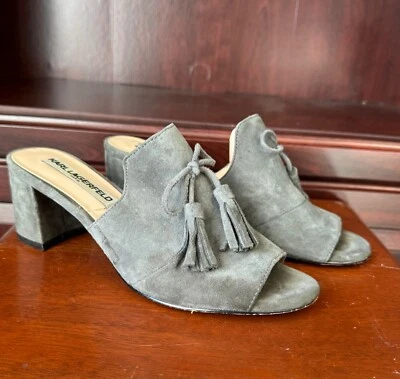 Sandalia Karl Lagerfeld Paris Gris Gamuza Cuero Slides Talla 6 Bloque Tacón Borla Foto 1 de 4