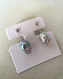 Rare 12mm Japanese Silver Madama Akoya Baroque Pearl 18K White Gold Earrings - Picture 1 of 9
