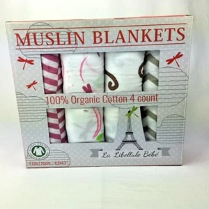 La Libellule BeBe Muslin 43" x 43" Organic Cotton Baby Blankets - New 4PK - Girl - Picture 1 of 7