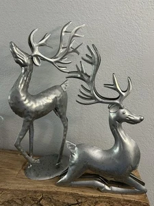 2 Aluminum Reindeer Figures 13” & 15” Winter Christmas Silver Tone Statue - Picture 1 of 14
