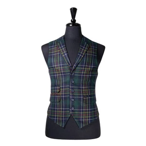 Mens Tartan Vest 40R Green Blue Yellow Wool Plaid Waistcoat Formal Wedding Party - Picture 1 of 10