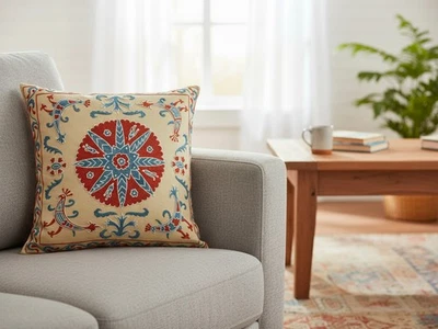 Handmade Uzbek Suzani Silk Pillow Cover 20x20 in Terracotta Blue Home Decor - Image 1 of 4