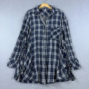 Free People Nordic Nights Button Down Flannel Blue Plaid Size L Oversized Boho - Picture 1 of 7