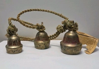 VTG Bells Of Sarna India- Etched Brass Tone Graduated Set Of 3 W Partial Tag - Image 1 of 4