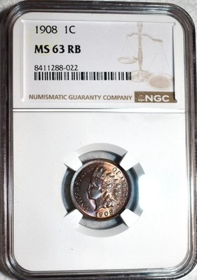 NGC MS-63 RB 1908 Indian Head Cent, Beautifully Toned, Red-Brown specimen. - Image 1 of 2