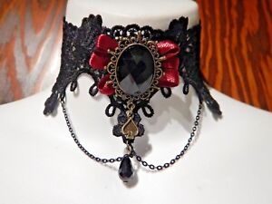 QUEEN OF SPADES wide black burgundy bronze choker gothic Victorian necklace O5