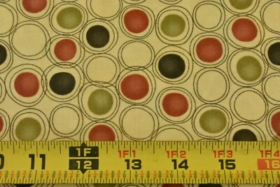 By 1/2 Yd, Rust Olive & Gray Circles on Yellow, Moda, Gervais/Circle & Dots,V416 - Image 1 of 4