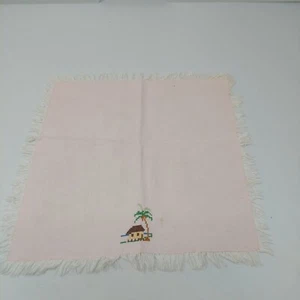Square Napkin Pale Pink With Handmade Cross Stitch House Tropical Palm Tree - Picture 1 of 9