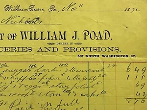 Vintage Billhead Wilkes-Barre Pennsylvania William J. Poad Grocer 1891 - Picture 1 of 3