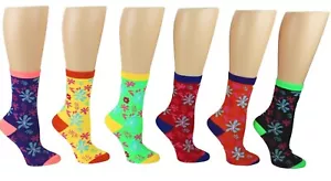(6) pair Ladies Novelty Crew Socks -Floral Print - Size 9-11 - Picture 1 of 9