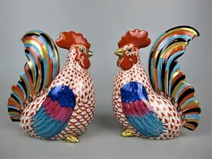 2 Herend Fishnet Figurines: Rooster Cockerel Chicken. 6" sitting. Porcelain. Red - Picture 1 of 11