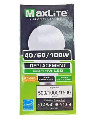 Maxlite 14A19/3WLED27 3-Way 2700K Warm White A19 LED Light Bulb 4/8/14W - Image 1 of 4