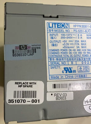 HP GENUINE LITEON 351070-001 PS-5251-6LF  Rev 3 110/240v  250W 353011 351071 001 - Image 1 of 4