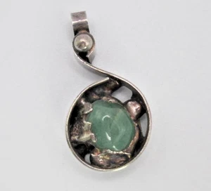 Dansk Smykkekunst Denmark Sterling Brutalist Pendant Signed DS Green Jade stone - Picture 1 of 11