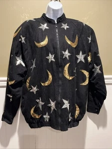 VTG MODI DENIM SEQUIN STARS MOON ZIP FRONT JACKET SZ M (8-10) BLACK GOLD SILVER - Picture 1 of 9