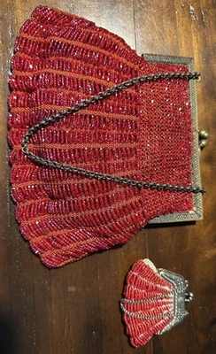 Red Beaded Purse Antique Vintage Set Of 2 One Adult Size One Doll/child Size - Image 1 of 4