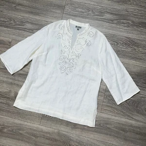 JM Collection White 3/4 Sleeve Linen Blouse Shirt Embellished Boho Petite XL - Picture 1 of 10