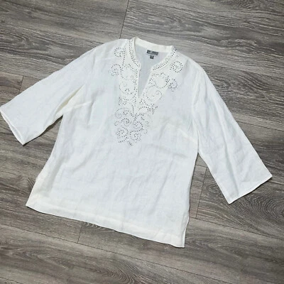 JM Collection White 3/4 Sleeve Linen Blouse Shirt Embellished Boho Petite XL - Image 1 of 4