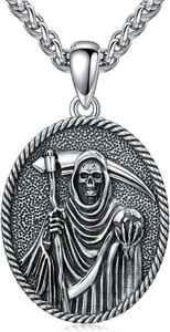 Santa Muerte Necklace 925 Sterling Silver Grim Reaper Pendant Necklace Jewelry G - Picture 1 of 11