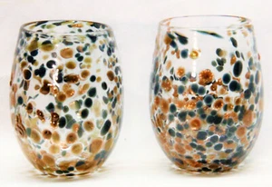 Confetti Stemless Wine Glass Blue Denim w/ Gold - Set of 2 - TAG FREE SHIPPING - Picture 1 of 2