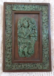 Vintage Mayan Green Stone Crafted Aztec Wall Plaque Azteca Malachite Wood Mexico - Picture 1 of 5
